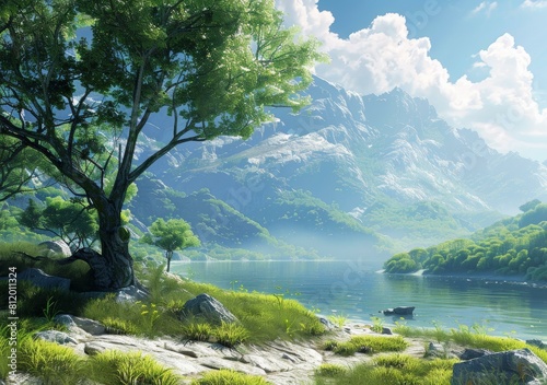 fantasy landscape with mountains and lake