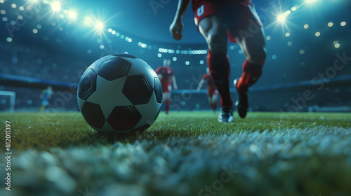 action of a nighttime soccer game, focusing on the pivotal moment between the player and the ball, ready for the next big play. It conveys the excitement and competitive spirit of the sport. © nakarin