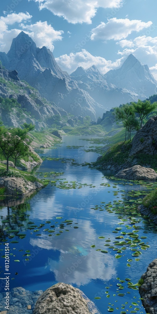 fantasy landscape with mountains, river and trees