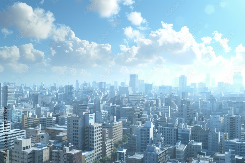 A cityscape with a blue sky and white clouds