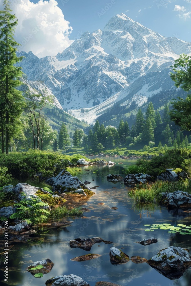 Stunning mountain landscape with river and trees Stunning mountain landscape with river and trees