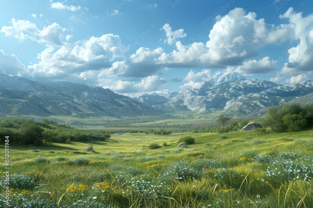 Obraz premium idyllic mountain landscape with green fields and a river
