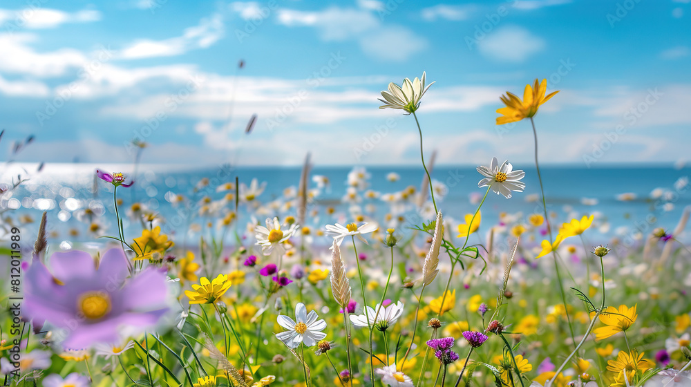 a field of wild flowers under the blue sky