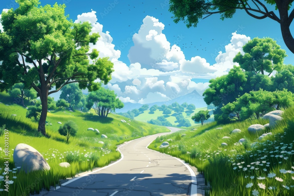 A winding road through a lush green valley A winding road through a lush green valley