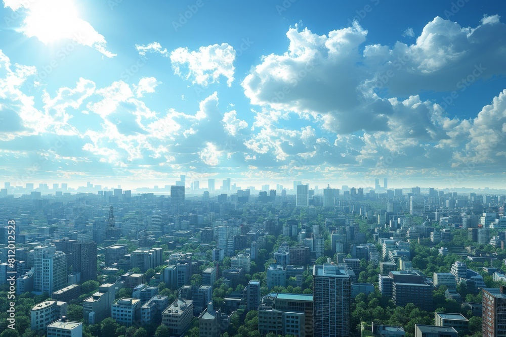 Fototapeta premium A cityscape of a large city with many tall buildings and a blue sky