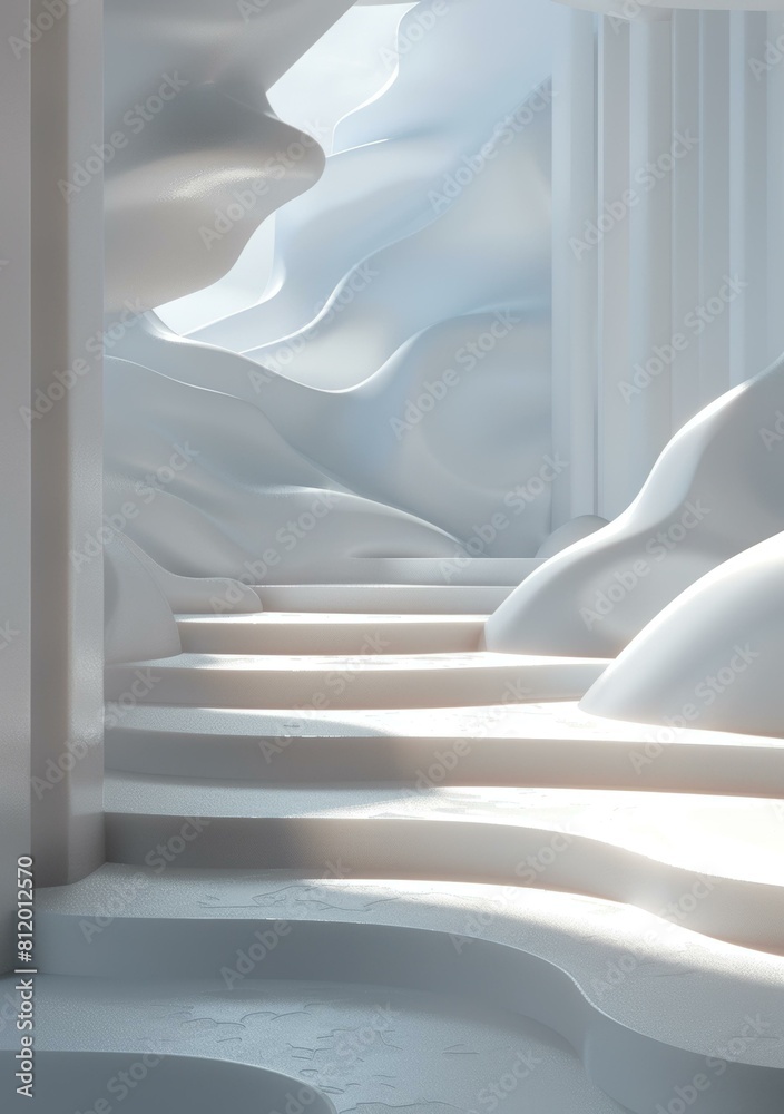 White surreal landscape with stairs and columns