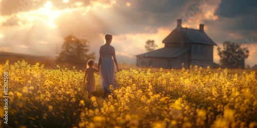 Mother and daughter walking in a field of flowers at sunset