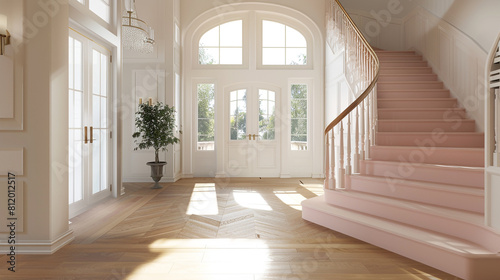 Elegant entrance with a rose pink staircase wide front door and light hardwood floors leading up to a high ceiling Soft romantic design