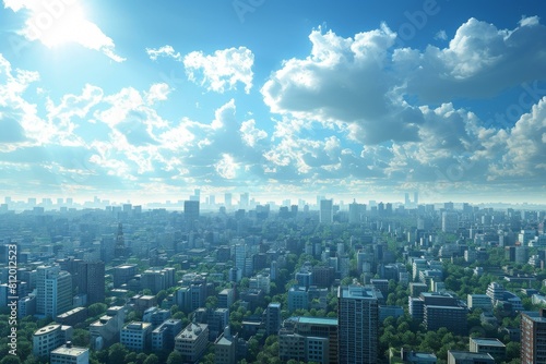 A cityscape of a large city with many tall buildings and a blue sky