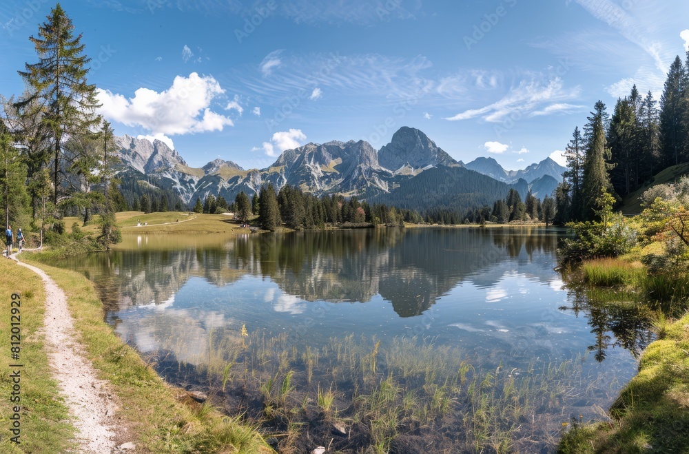 Wide-angle photo shows the surroundings around an alpine lake 