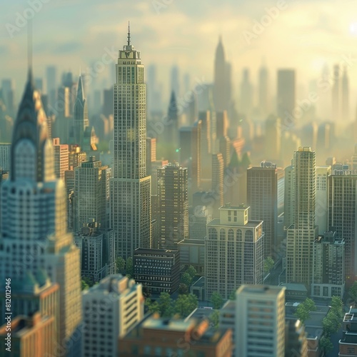 A miniature model of a city with tall buildings and a park