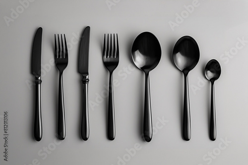 The set includes a fork a knife and a spoon Top view of table arrangement