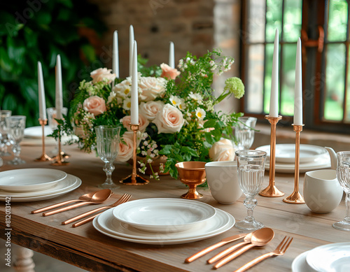 Tablescape with golden details formal dinner table setting table scape with decoration for wedding party and event celebration generative ai