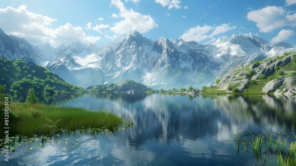 Mountains, lake and green field landscape