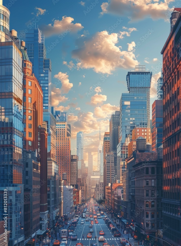 Obraz premium A bustling urban street scene with cars and people crossing the road in the heart of a big city