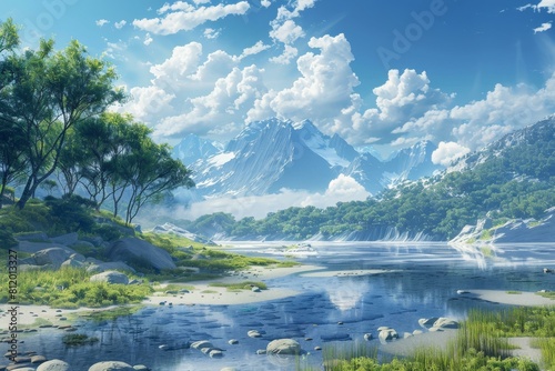 Mountains, river and trees under the blue sky