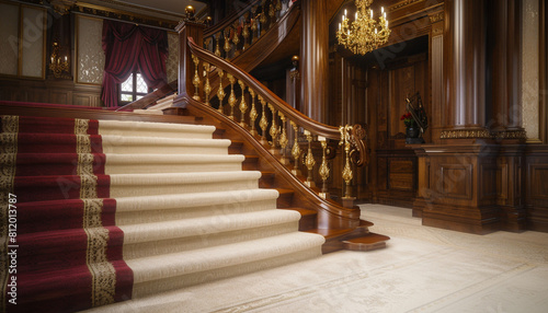 Elegant mansion entryway with soft cream carpeted stairs featuring an ornate wooden banister and a plush red runner A grand golden chandelier casts a regal glow