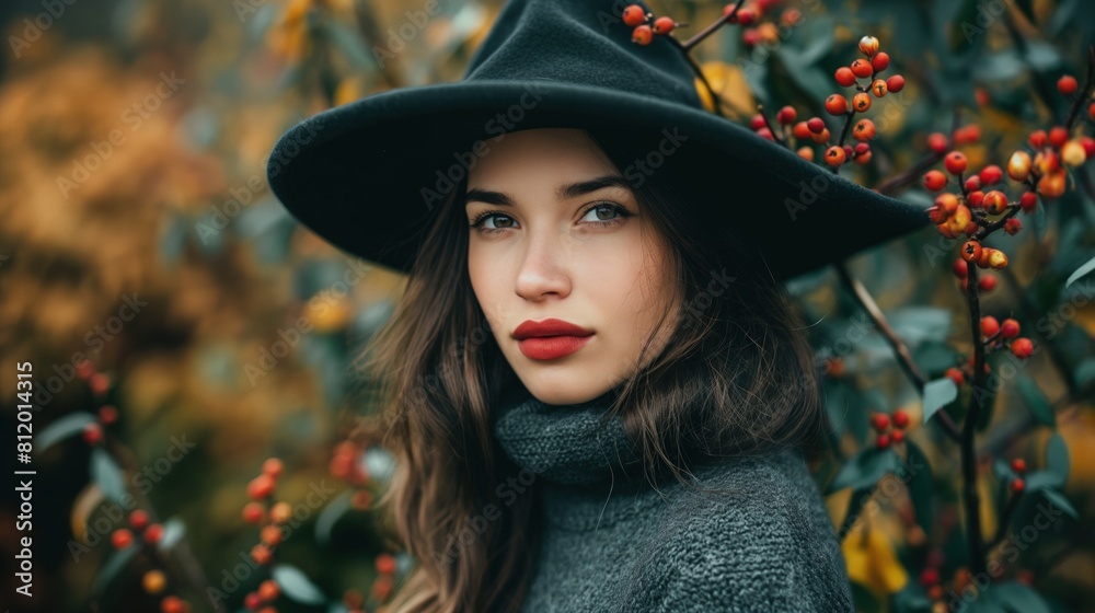 A woman wearing a black hat and green sweater outdoors A woman wearing a black hat and green sweater outdoors