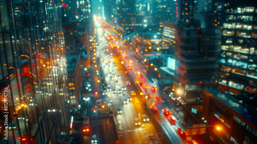 A dynamic cityscape with blurred traffic lights at night  symbolizing the constant movement of financial markets