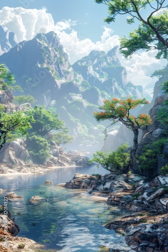 fantasy landscape with mountains  river and trees