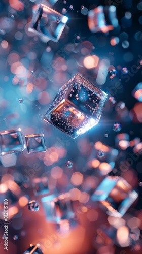3D rendering of ice cubes floating in mid-air with a beautiful bokeh background
