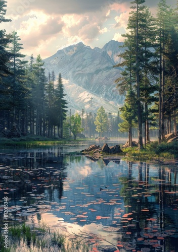 Tranquil mountain lake in a valley with dense pine forest on the shore