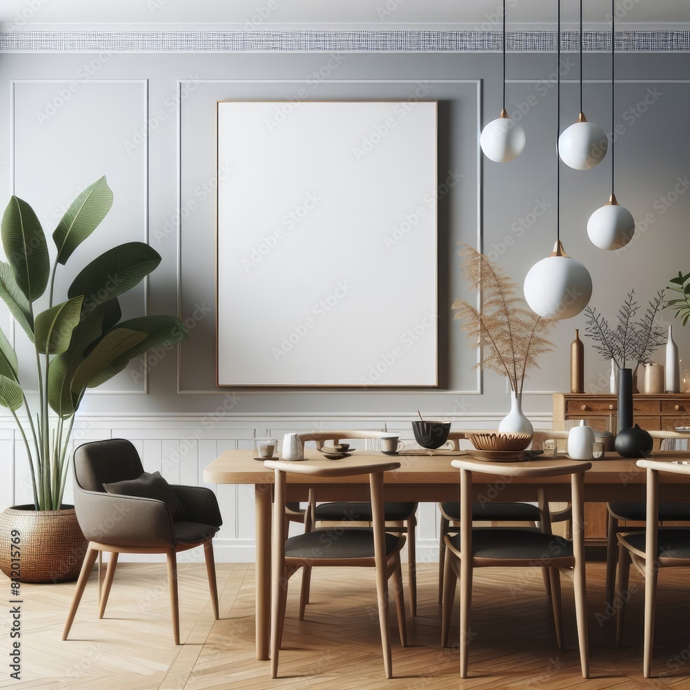 A dining Room with a template mockup poster empty white and with a table and chairs image art art photo attractive.