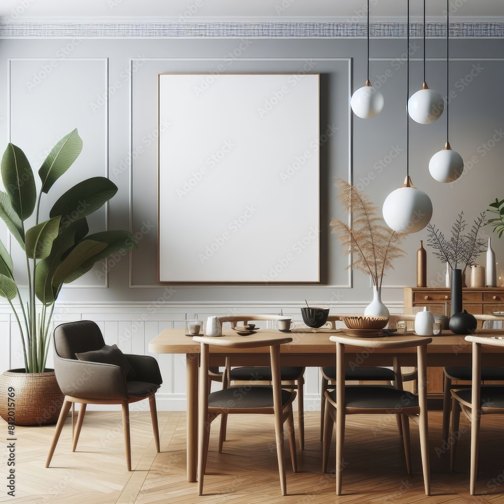 A dining Room with a template mockup poster empty white and with a ...