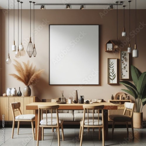 A dining Room with a template mockup poster empty white and with a table and chairs image art photo attractive has illustrative meaning.