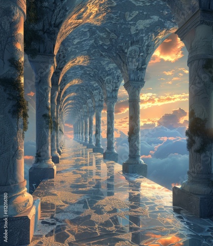 Surreal skywalk with marble columns and reflective floor photo