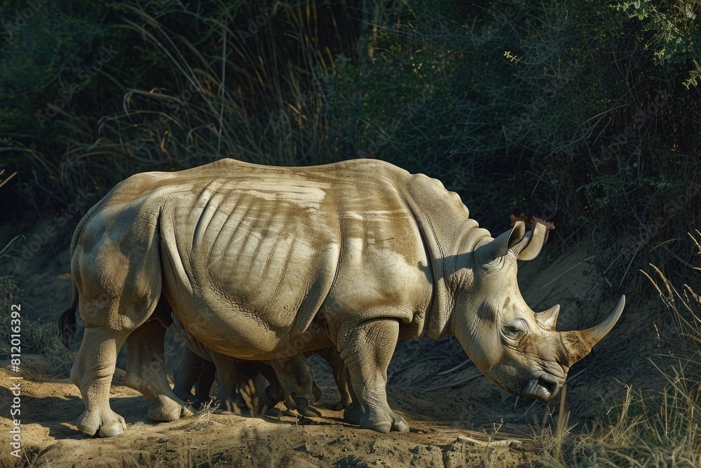 Fototapeta premium A powerful rhino standing on a dirt field. Suitable for wildlife concepts