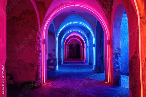 A tunnel illuminated by neon lights  suitable for futuristic or urban-themed projects