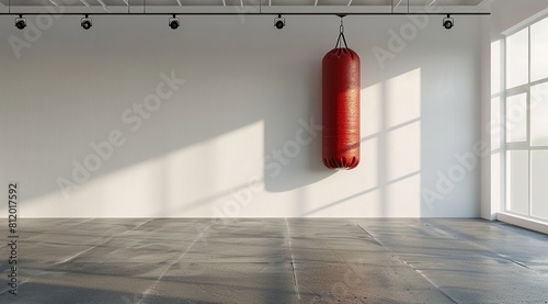 Red boxing bag hanging on the white wall in gym. © Viktor
