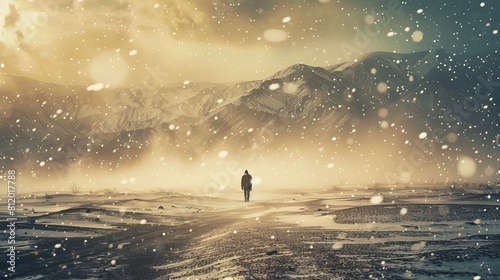barren desert  surrounded by snowfall--a surreal and symbolic moment that represents his quest for meaning and identity amidst the chaos of fame and fortune 