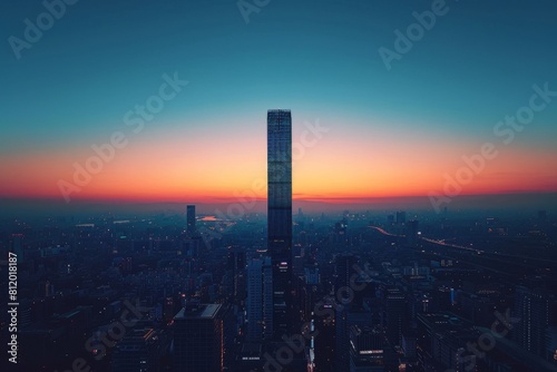 A towering skyscraper stands prominently against a colorful sunset, overlooking a sprawling city illuminated by evening lights. 