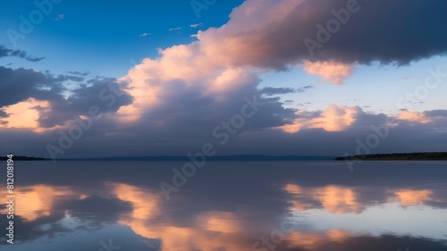 水に反射している夕日が沈む空