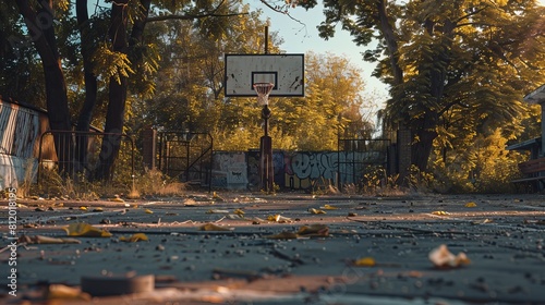 basketball hoop standing proudly amidst the cracked pavement. A small grill sits in one corner, often used for impromptu cookouts and late-night hangouts under the stars 