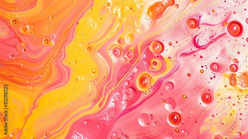 Detailed close-up of a vibrant mixture of pink, orange, and yellow liquid creating an abstract and colorful pattern