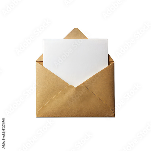 Open paper envelope with white sheet, isolated on white transparent background. Envelope mockup
