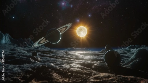 Na rysunku artystycznym ukazano Słoneczny System na powierzchni Księżyca, z widocznym słońcem świecącym na wschodzie. Tłem jest standardowa skala photo