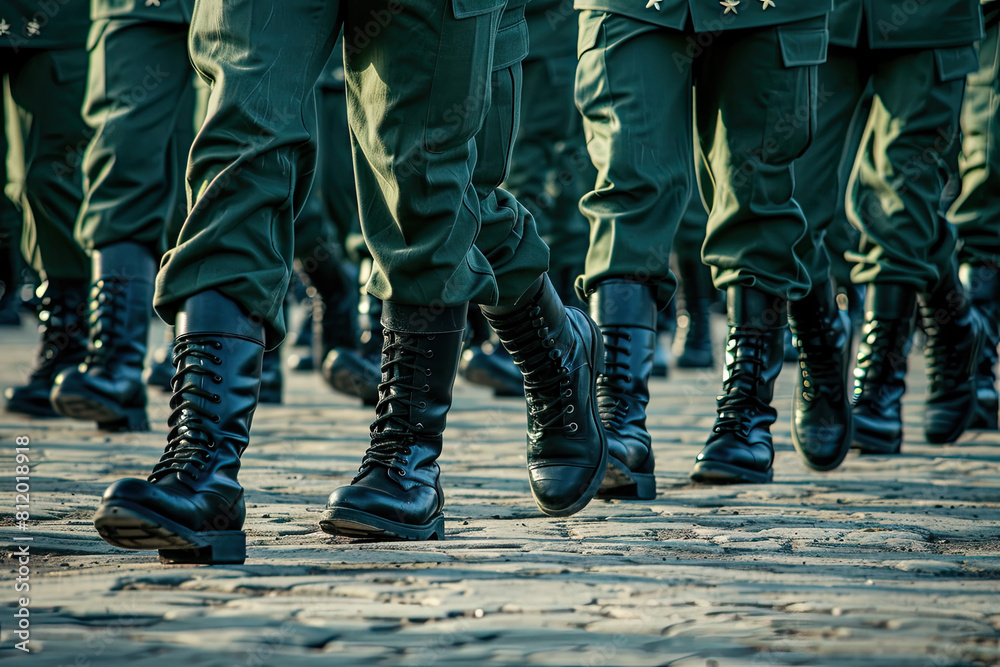 Marching army of men in uniform and boots Marching army of men in uniform and boots