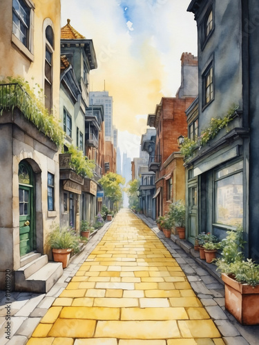 Urban Adventure Awaits  Watercolor Drawing of Yellow Brick Road Stretching to the City