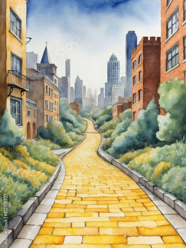 Urban Adventure Awaits, Watercolor Drawing of Yellow Brick Road Stretching to the City