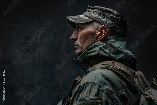 modern special forces soldier in camouflage uniform looking sideways
