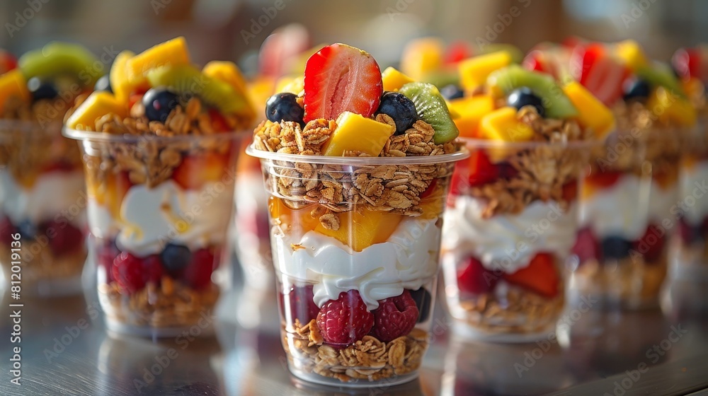 A colorful fruit salad is served in four small cups A colorful fruit salad is served in four small cups