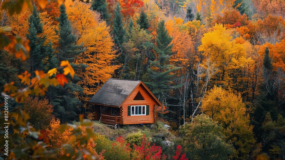 A cozy cabin nestled among trees displaying autumn foliage A cozy cabin nestled among trees displaying autumn foliage