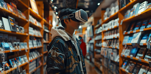 A teenage boy customer exploring a game store using VR virtual reality goggles