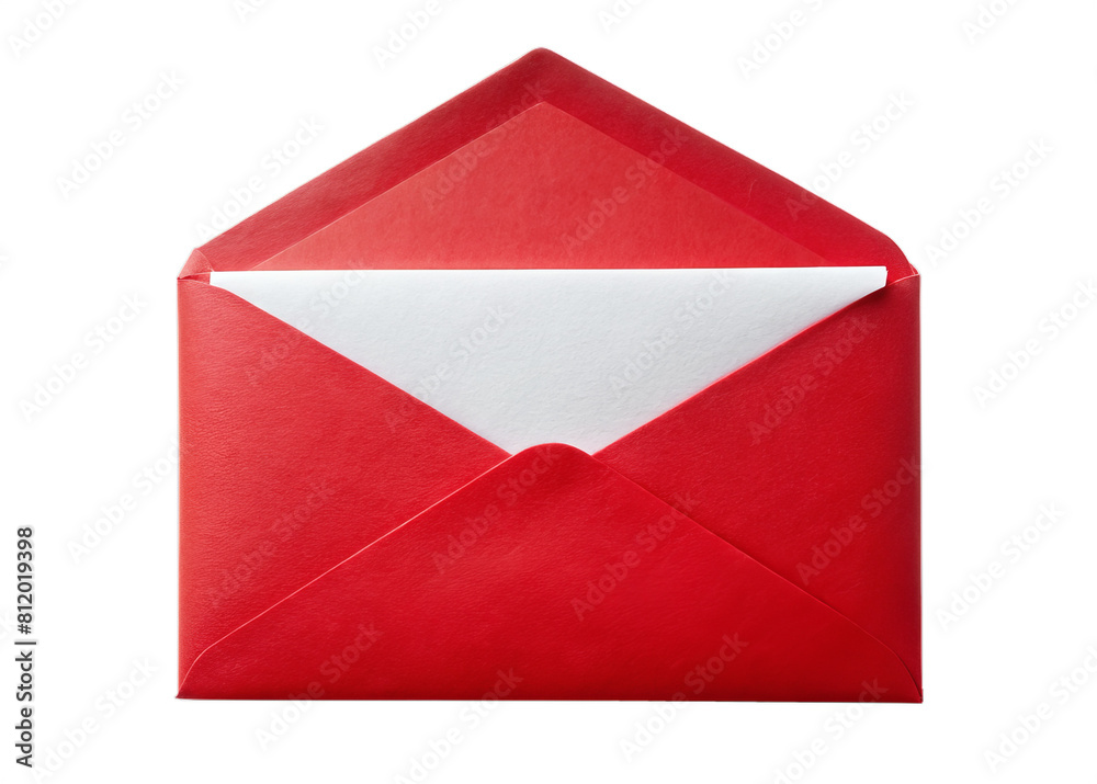 Red envelope with white sheet inside, mockup of letter, invitation, greeting card. Red envelope isolated on white transparent background Red envelope with white sheet inside, mockup of letter, invitation, greeting card. Red envelope isolated on white transparent background