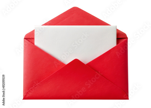 Red envelope with white sheet inside, mockup of letter, invitation, greeting card. Red envelope isolated on white transparent background