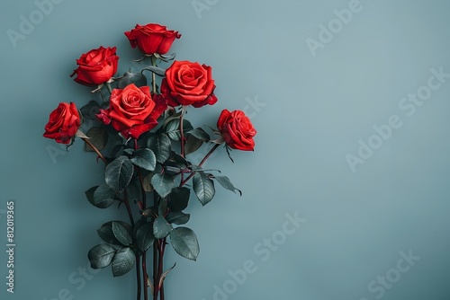 Un ramo de rosas rojas en un fondo gris. Imagen con espacio para copiar ideal para tarjeta de felicitacion, san valentin o dia de las madres 